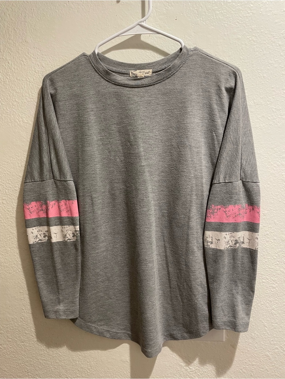 “Monday Blues” Varsity Stripe Long Sleeve Top Heather Grey Pink XS